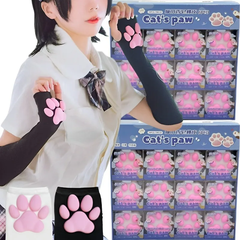 2024 Cute 3D Silicone Pink Cat Claw Paw Pads Soft Fingerless Fluffy Sun Protection Cool Sleeves Cute Gloves Long Tube for Women