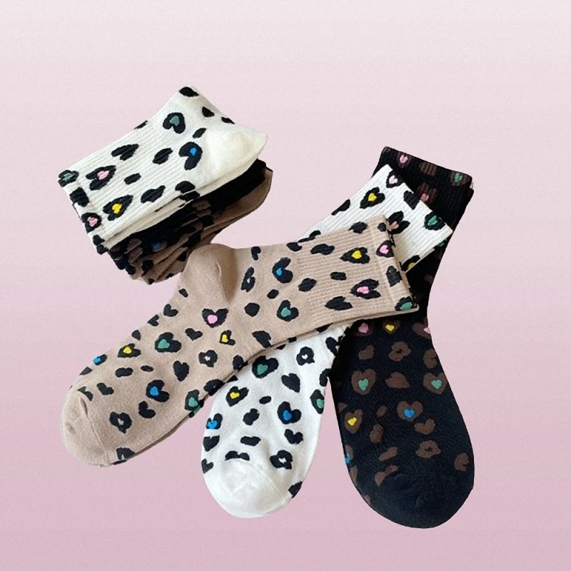 Calcetines de tubo medio con estampado de leopardo para mujer, medias transpirables de alta calidad, informales, 3/6 pares