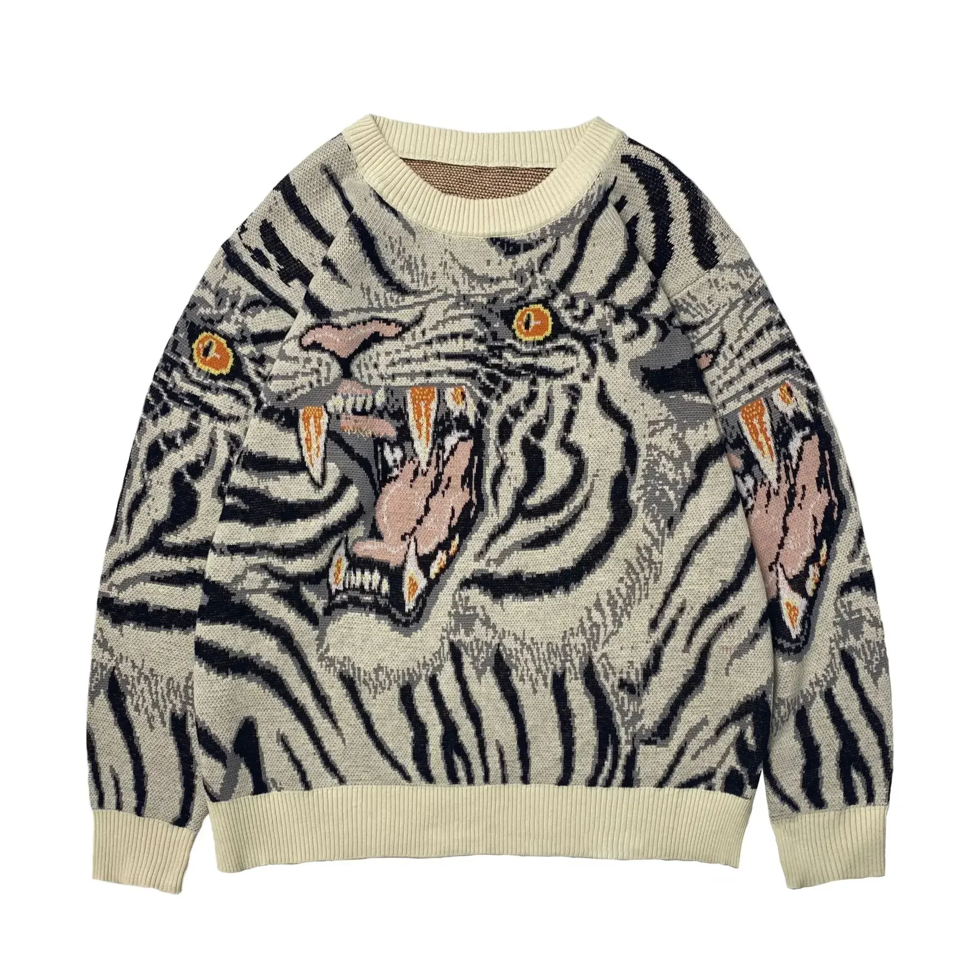 Non Kapital Vintage Brabd Jacquard Tiger Totem Round Neck Japan Knitted Sweater Men\'s Animal Print Loose Pullover New Arrival