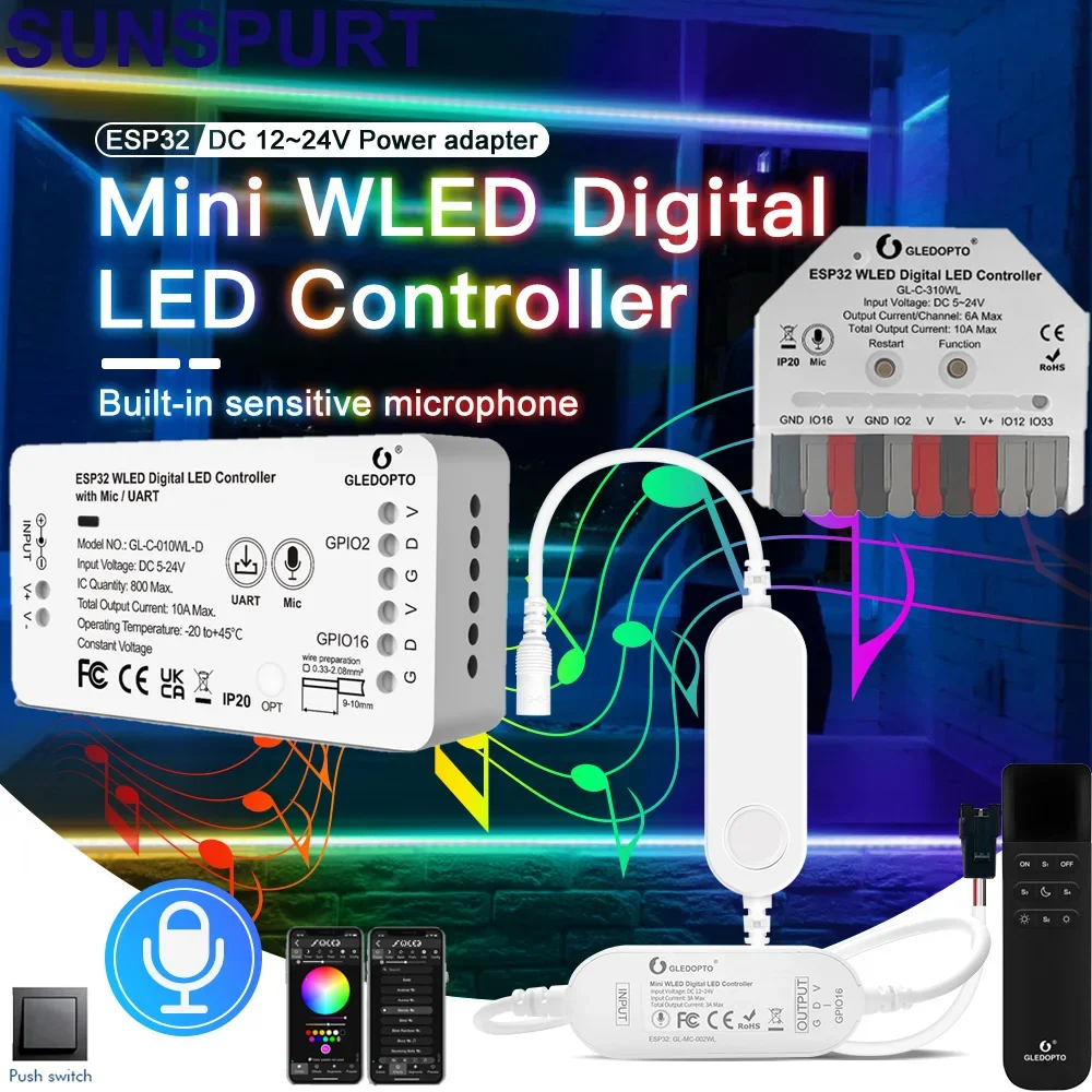 ESP32 Mini RGB LED Strip Controller Digital IC with Microphone Sound Mode Music DC5V USB Dynamic WS2811 WS2812