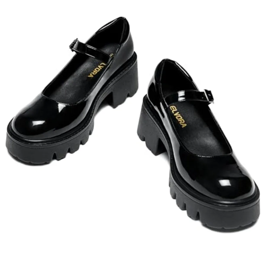 Women's Mary Jane Shoes - Platform Mary Janes for Women, Leather Round Toe Chunky Dress Shoes with Adjustable Ankle Strap