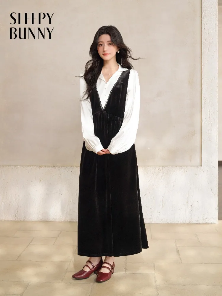 

Women Retro V Neck Blouse and Velvet Slip Dress Set Lady Lace Trim Sleeveless Midi Dress Spring Elegant Layered Two Piece Outfit