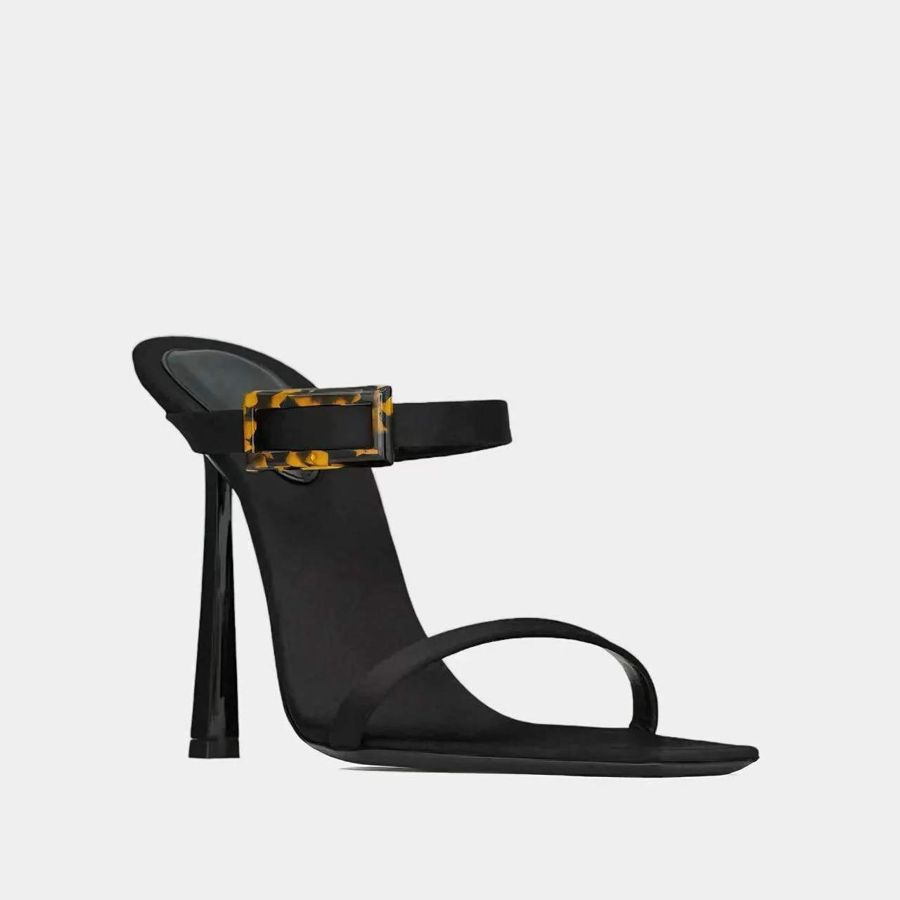 

Женские сандалии с леопардовым ремешком и пряжкой и квадратным носком, 2021, простые черные атласные тапочки на очень высоком каблуке-шпильке, универсальный стиль, женские тапочки