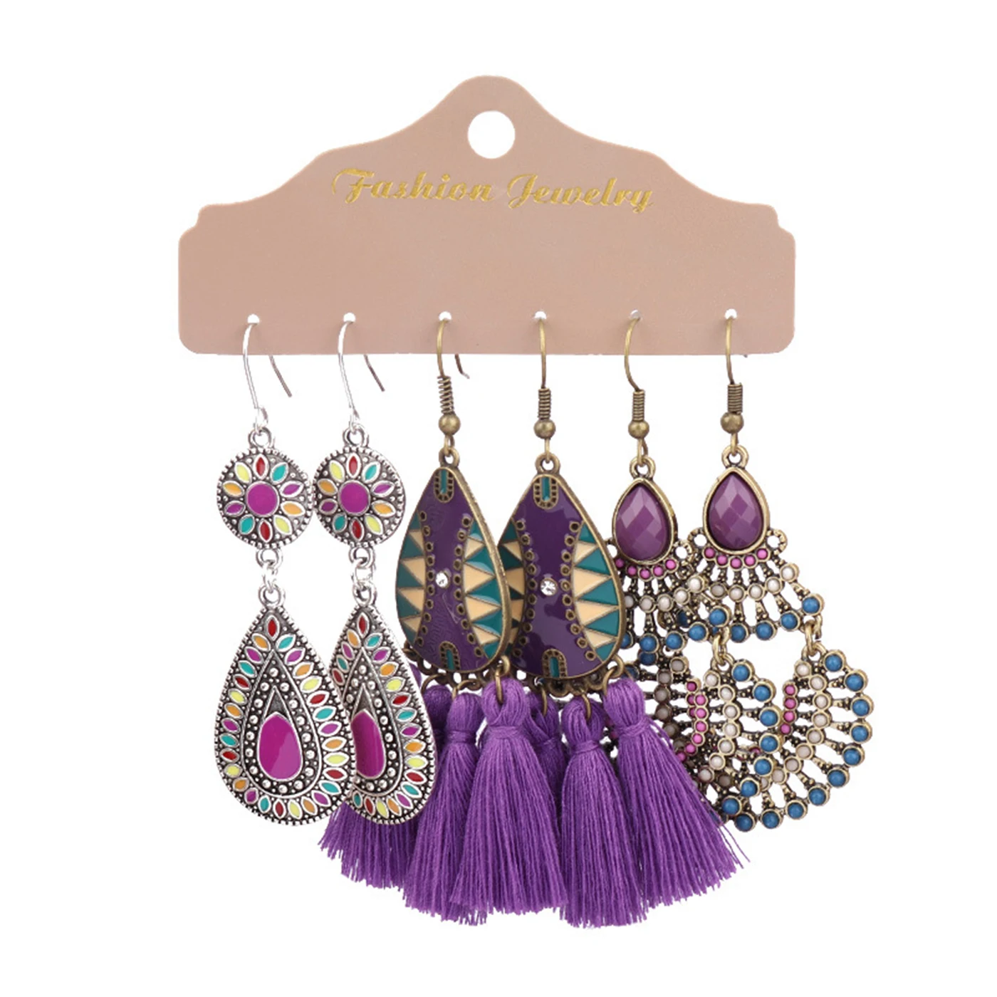 6pcs Retro Bohemian Style Women\'s Flower Tassel Geometric Women\'s Earring Sets, Suitable For Vacation Accessories