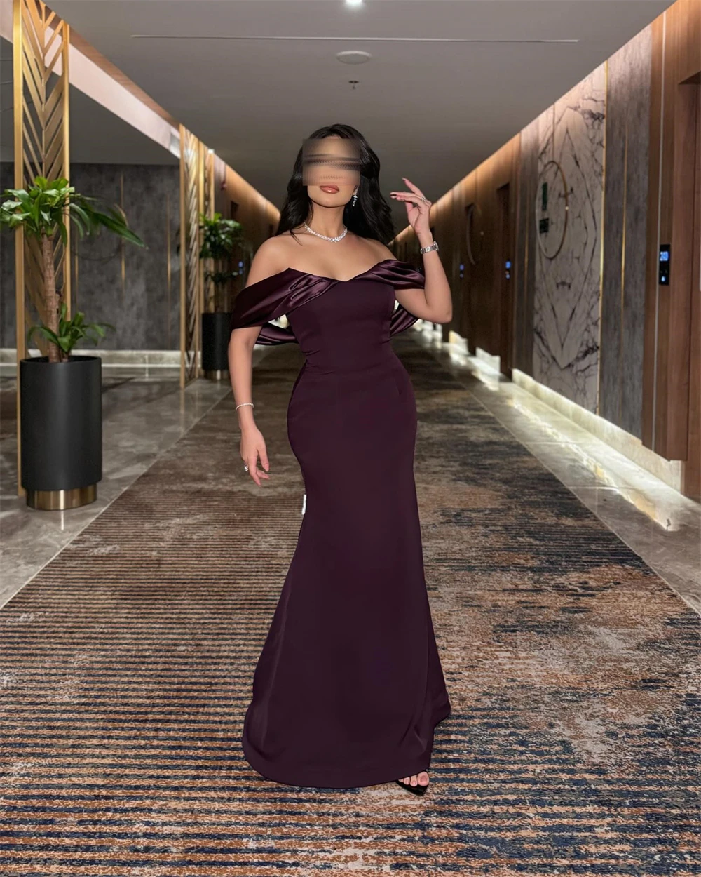 

Customized Temperament Purple Jersey Evening Dress High Quality Strapless Off the Shoulder Sleeveless Bespoke Occasion Gowns