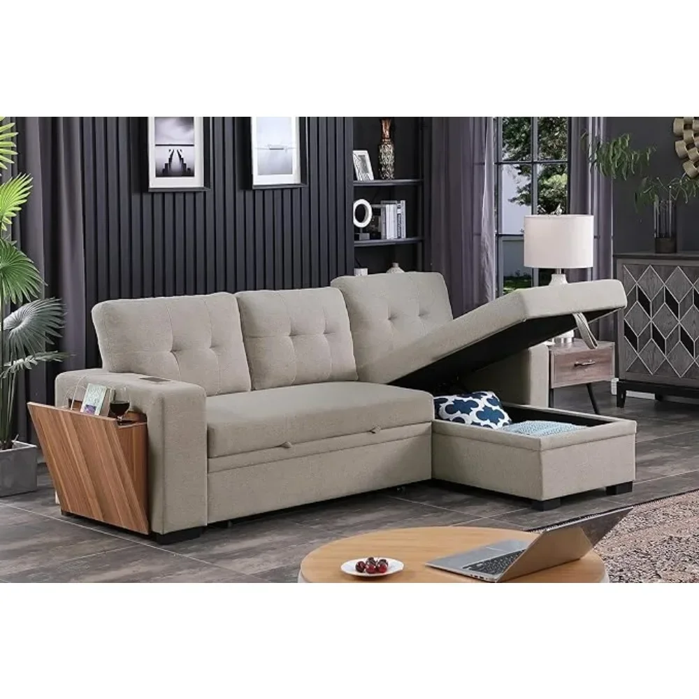 92 inch Convertible Sleeper L-Shaped Sectional Sofa with Storage Chaise, Upholstered Reversible Couch with Side Open Cup Holder