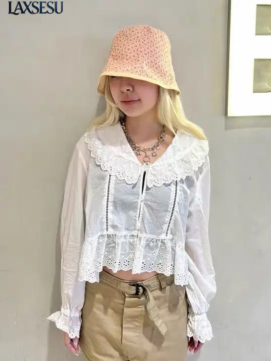 Autumn Japanese Exquisite and Elegant Style Top Lace Embroidered Lace Large Collar Trumpet Sleeve Shirt for Women Blouse Women