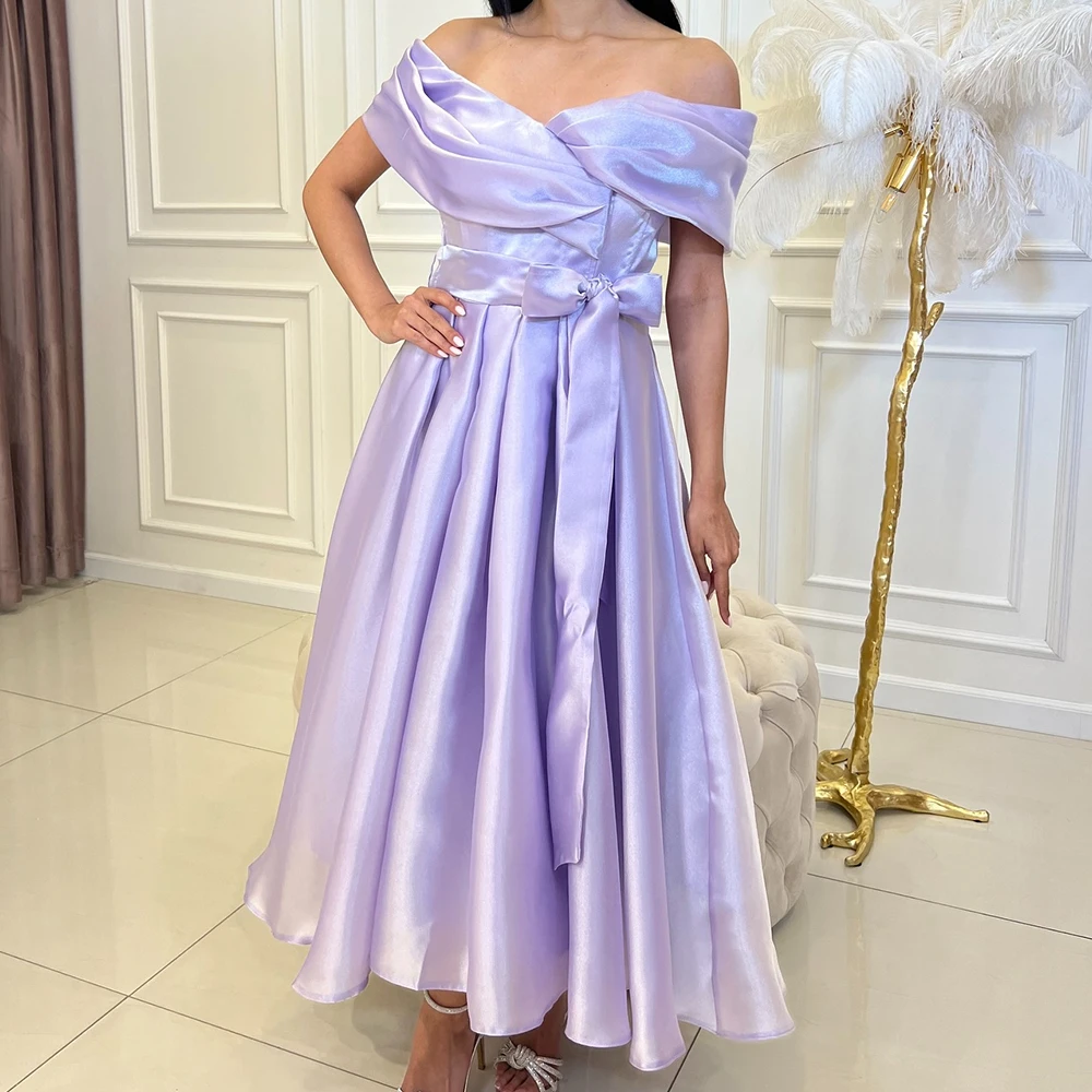 

Customized Fashion Bow Boat Neck Ankle Length A-Line Evening Dress High Quality Satin Off The Shoulder Vestidos Para Mujer