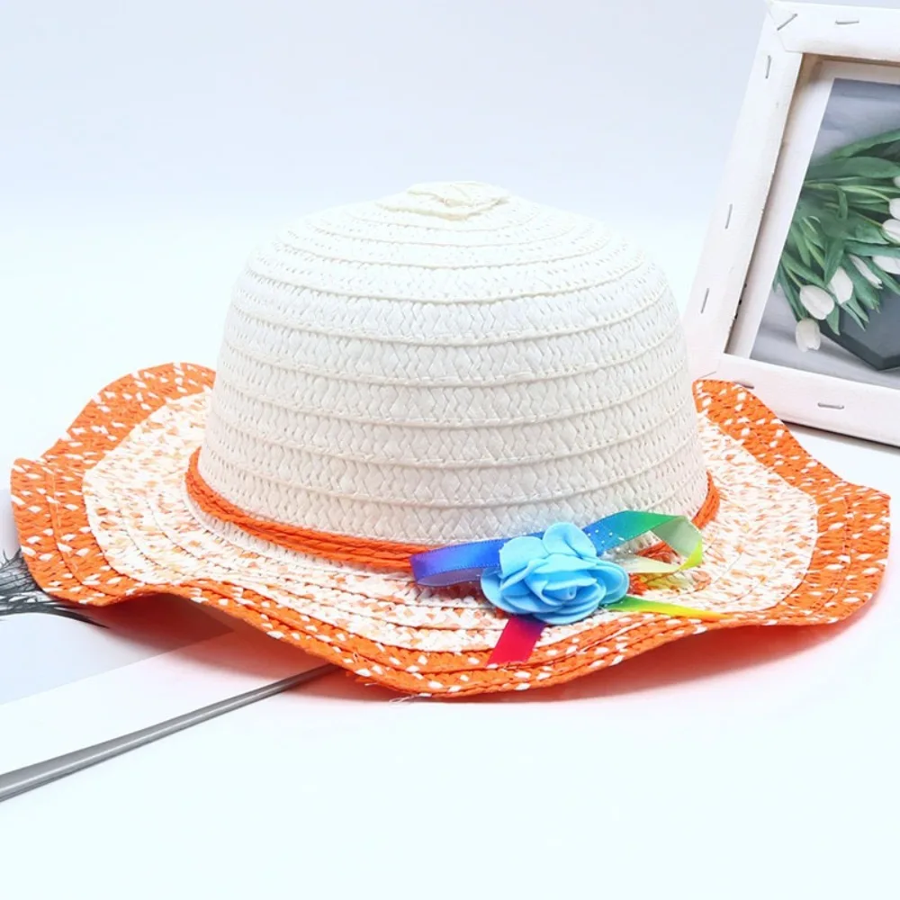 Sweet Handmade Straw Hat Wide Brim Flower Decoration Sun Hat 3-7Year Beach Hat Travel