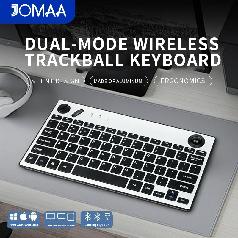 

JOMAA 78 Keys Dual Mode Wireless Trackball Keyboard, Bluetooth 5.0 & 2.4G Wireless Keyboard with 19mm Trackball for Windows Mac