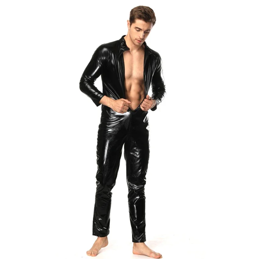 

Plus Size S-5XL Male PVC Leather Bodysuit 2019 Black Open Crotch Zipper Jumpsuit Mens Fetish Latex Clubwear Catsuit