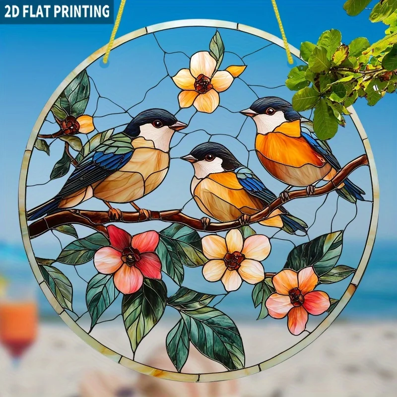 2D Flach, 2D Flach 1 Stück, Charmante Vögel und Blüten Sonnenfänger, 19,99x19,99 cm Rundes Acrylschild, Farbiger Glasstil Fensterdekoration