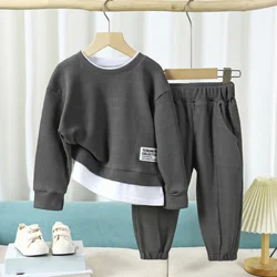 Spring Autumn Boys Clothing Sets Waffle Hoodie Pants Sports Children’s Clothes Kid Tracksuit Teen Fake Two Piece