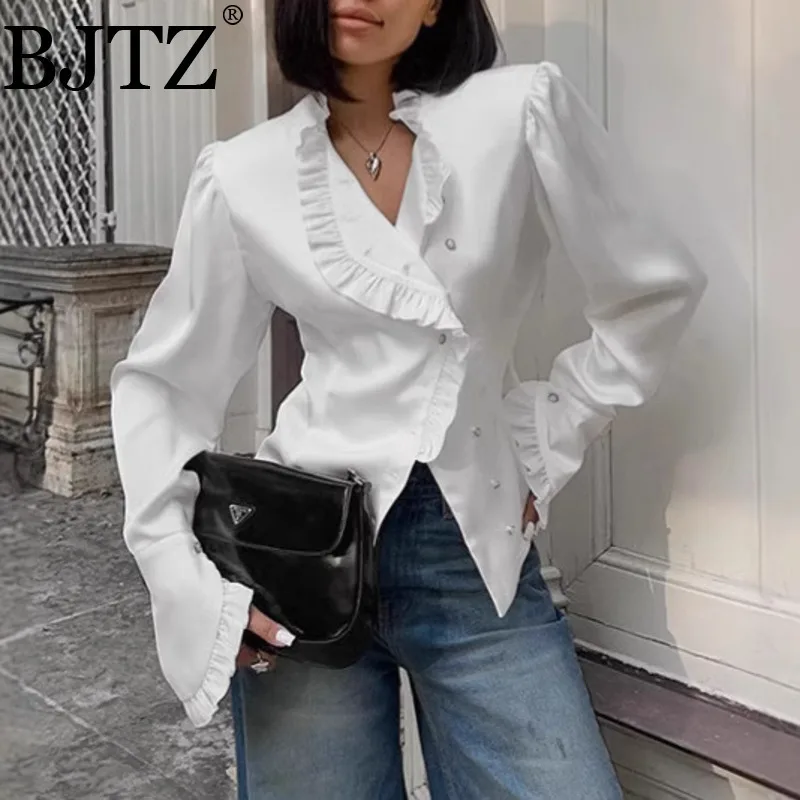 

BJTZ French Court Style Ruffled Satin Blouse 2025 Spring Elegant Inner Waist-Cinching White Lace Top Women's Clothing