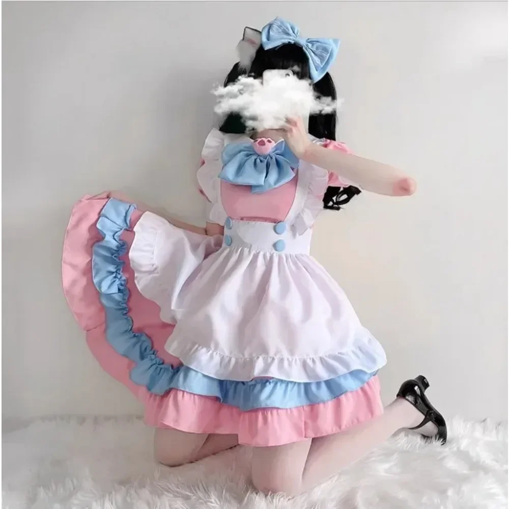 Women's Pink Blue Dress Halloween Cute Dress Maid Costume Cosplay S-4XL Plus Size Super Cute Big Bow Lolita Dress