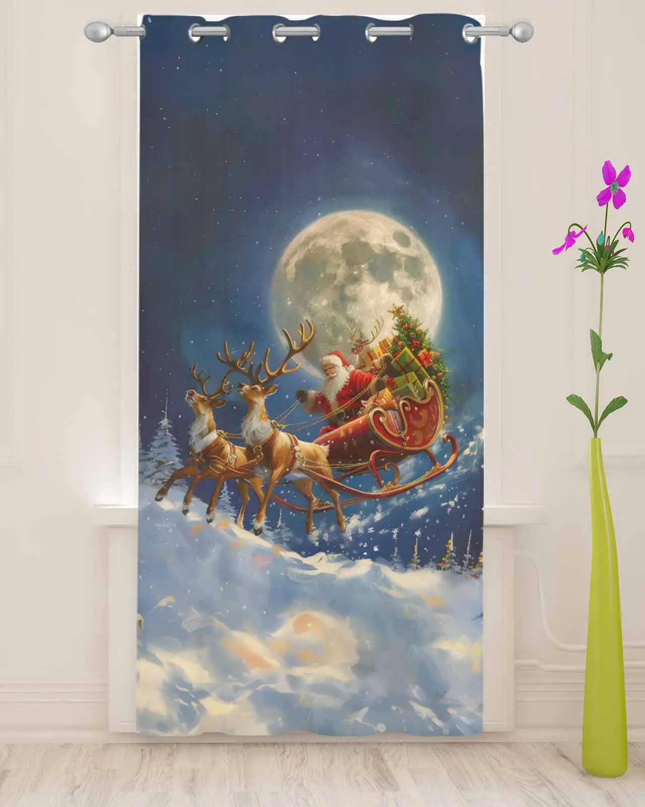 Christmas Santa Claus Elk Gift Moon Sheer Curtains for Living Room Printed Tulle Window Curtain Luxury Home Balcony Decor Drapes