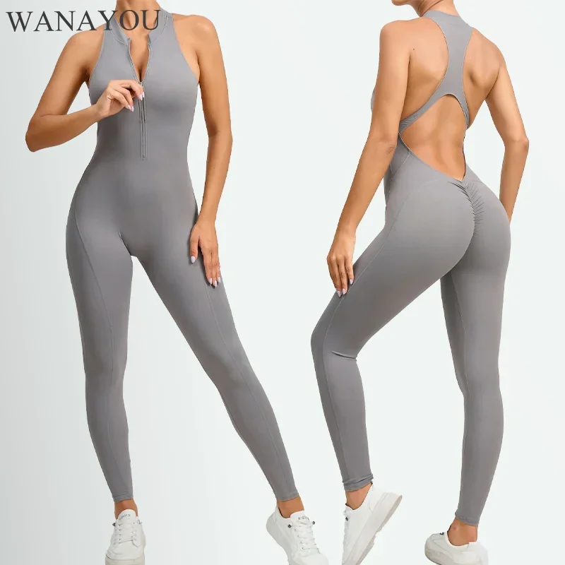 

WANAYOU Hip Lifting Yoga Pants Set Hollow Back Sports Legging Jumpsuit Front Zipper Gym Fitness Tracksuit Women Workout Bodysuit