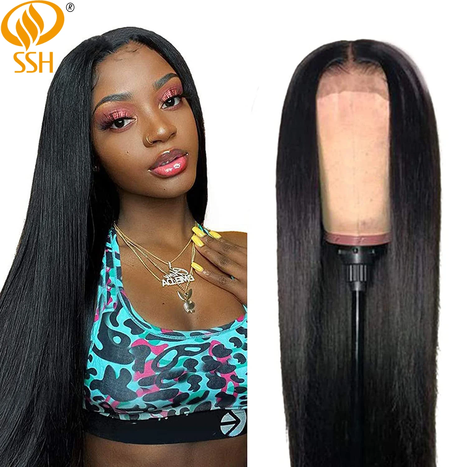 SSH-Straight Long Bob Perucas de Cabelo Humano para Mulheres Negras, Lace Part Remy Perucas Brasileiras, Pré Arrebadas Linha Fina, Preto Natural, 18"