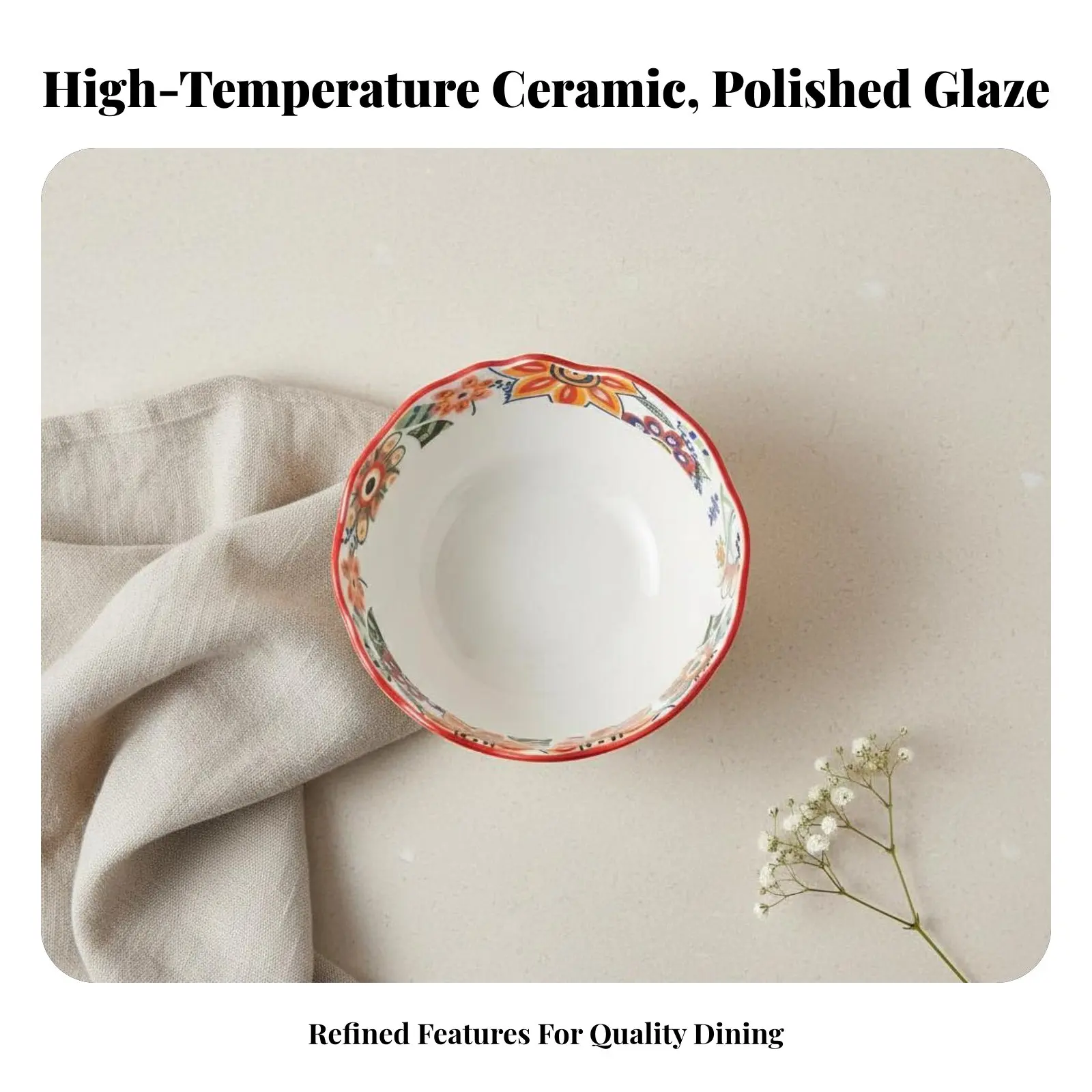 Nordic Floral Ceramic Dinnerware Set, Hand-Painted Deep Plate, Rice Bowl, Fish Plate, Soup Plate, Glazed Finish, view 2