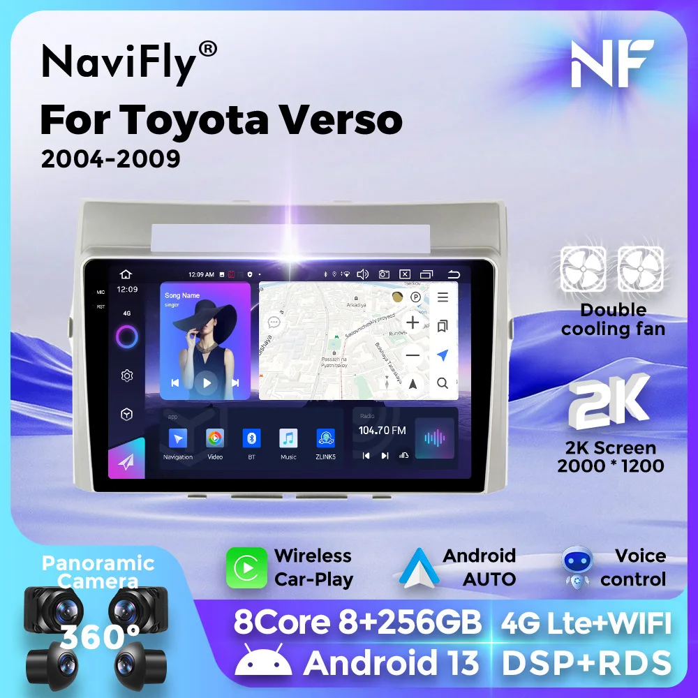 

Автомобильный радиоприемник Navifly 2K QLED Android, мультимедийный плеер GPS для Toyota Corolla Verso AR10 2004-2009 Carplay, автомобильные интеллектуальные системы