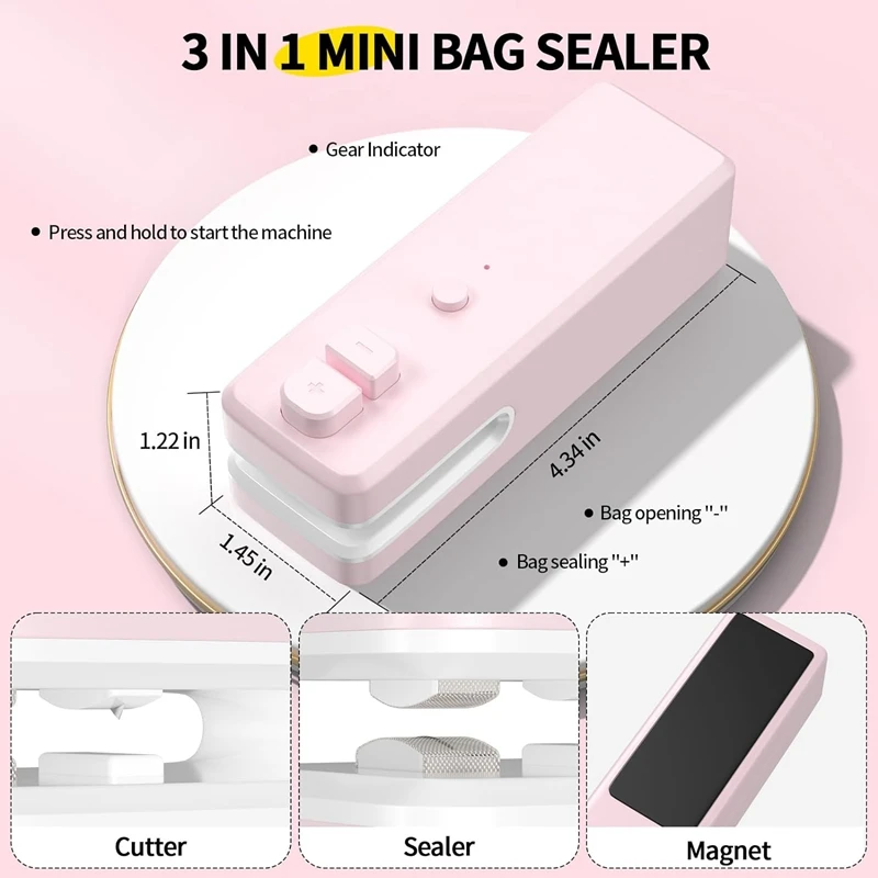 Bag Sealer , 3 In 1 Mini Bag Sealer Heat Seal With Cutter &Magnet,Rechargeable Mini Chip Bag Vacuum Sealer Machine Easy To Use