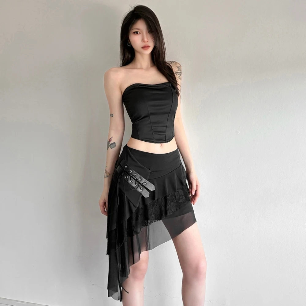 

SylCue Ruched Elegant Mini Skirts Women Mesh Patchwork Elastic Waist Shirring Irregular Hem High Street Hip-hop Style Bottoms