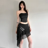 SylCue Mesh Patchwork Mini Skirts Women Elastic Waist Bandage Decoration Tierred Street Versatile Style Ruched Elegant Bottoms 6