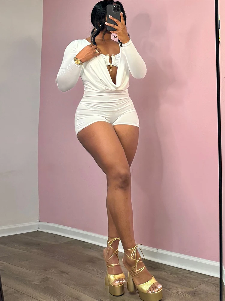 Sisterlinda Playsuits mit schwingendem Ausschnitt für Damen, einfarbig, mit Metalleinsatz, Ausschnitt, volle Ärmel, Stretch, sexy, schmal geschnitten, schick, trendige Clubwear – Detail 28