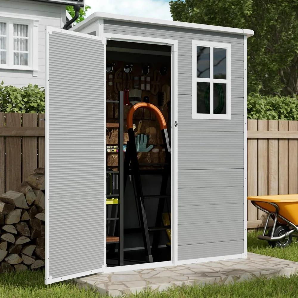 

Outdoor Storage Shed, 5x3FT Plastic Shed with Floor and Lockable Door for Bike, Garbage Cans,Garden Accessories, Grey & White