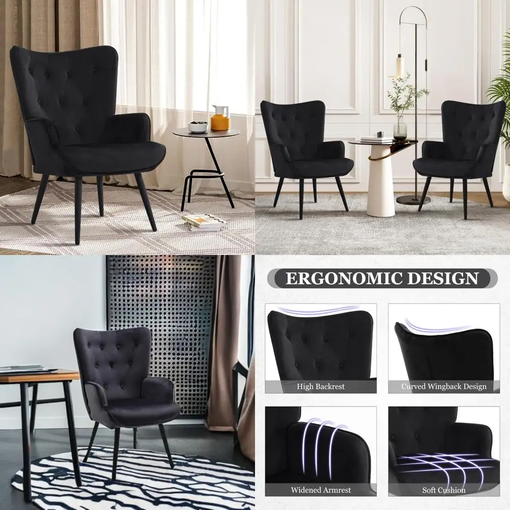 Mid Century Modern Velvet Accent Chair - Comfortable Wingback Armchair for Living Room, Office, and Guest Rooms