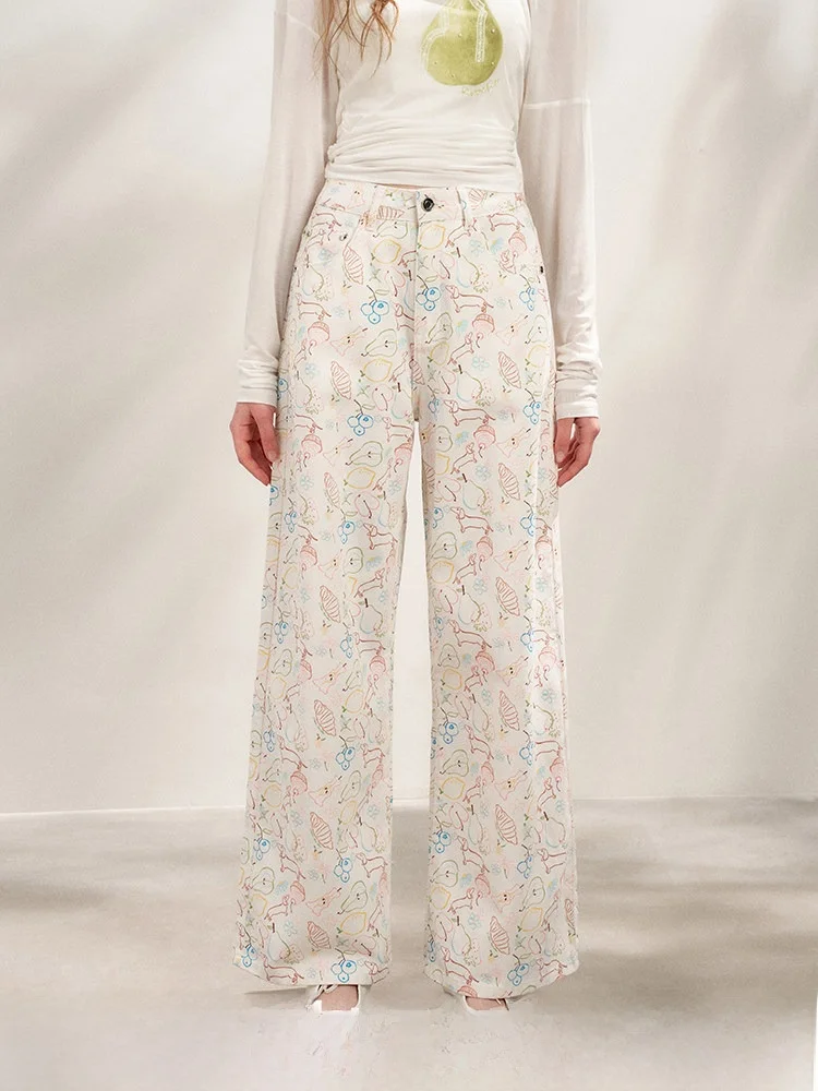 

Джинсы с высокой талией, прямые, широкие, из хлопка, с ручной росписью, с узором Kroche Fun with Dogs Fruit Garden, повседневные, с высокой талией