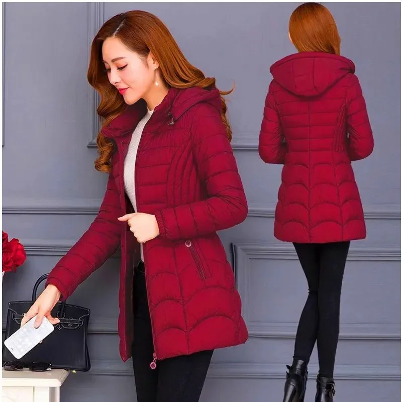 Winter Coat Women Fashion Middle Age Mother Slim Down Cotton Hooded Jacket Plus Size Casual Solid Warm Thick Outwear Parka A884