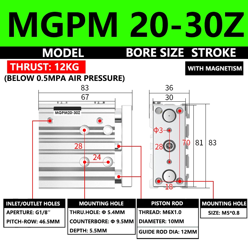 

ABILKEEN MGPM Series Pneumatic Compact Guide Cylinder MGPM20-30Z 20MM Bore X 30MM Stroke Thin Three Axis Three Rod Air Cylinder