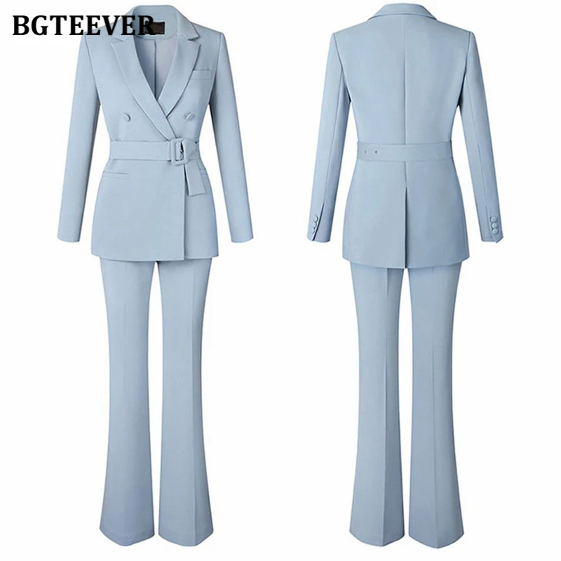 BGTEEVER Two Pieces Blazer Set Women Double Breasted Belted Jackets & Suit Pants Ladies Trousers Suits Autumn Outfits Female