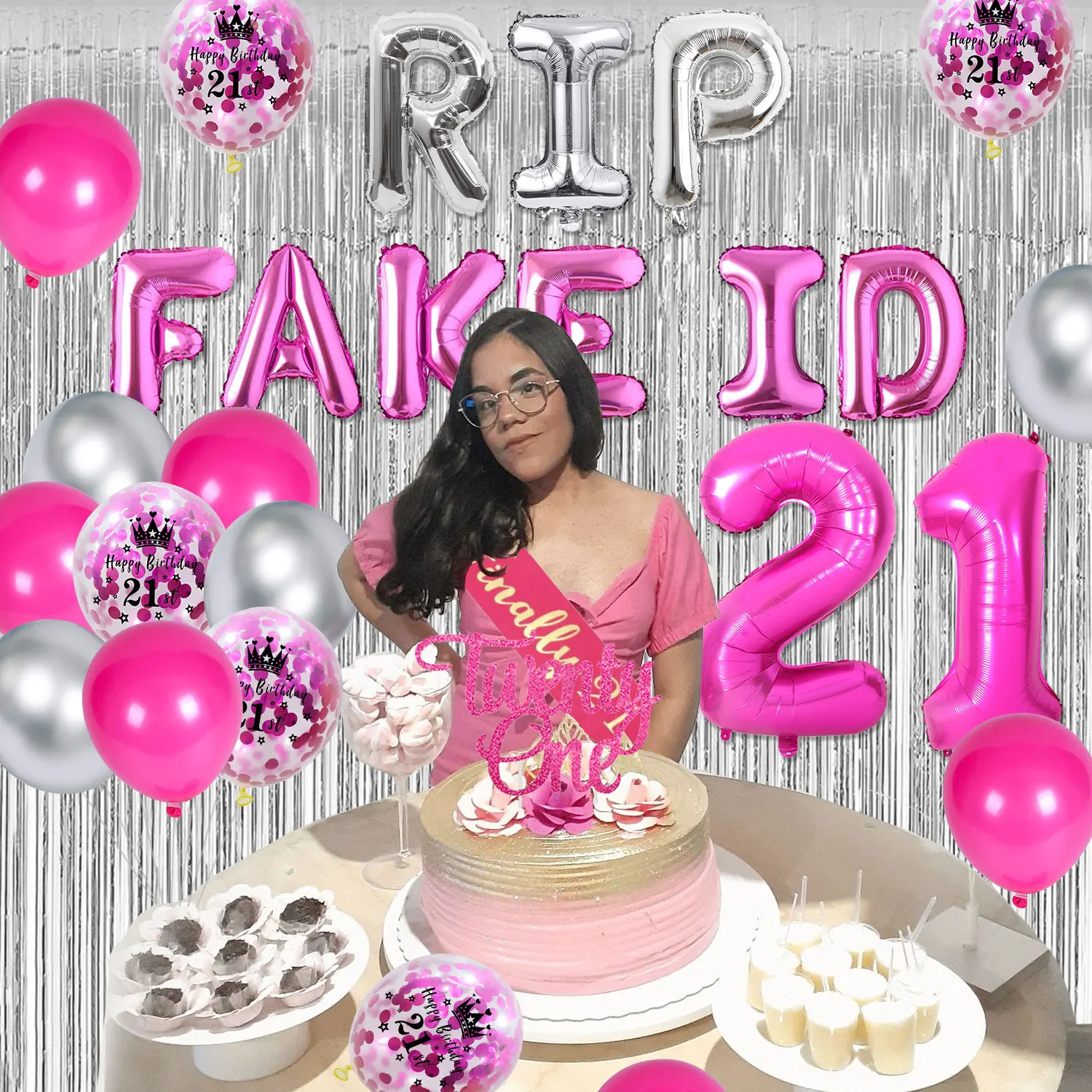 RIP FAKE ID 21 Balloon, Foil Fringe Curtains, Pink Sash, 20 Birthday Party Supplies