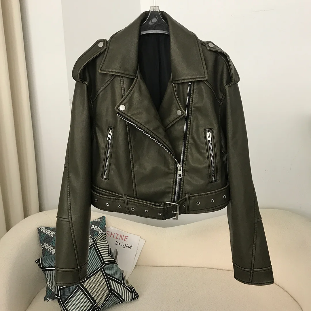 Damen Frühling Herbst Leder Jacke Europäischen Amerikanischen Stil Neue Revers Kurze Modische Casual Abnehmen Gürtel Dekor PU Mantel Top