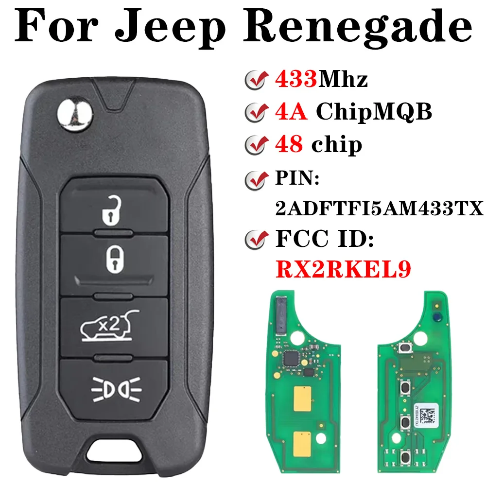 For 2016 2017 2018 Jeep Renegade RX2RKEL9 2ADFTFI5AM433TX Keyless Remote Flip Key 433.92MHz 4A /48Chip SIP22 Blade