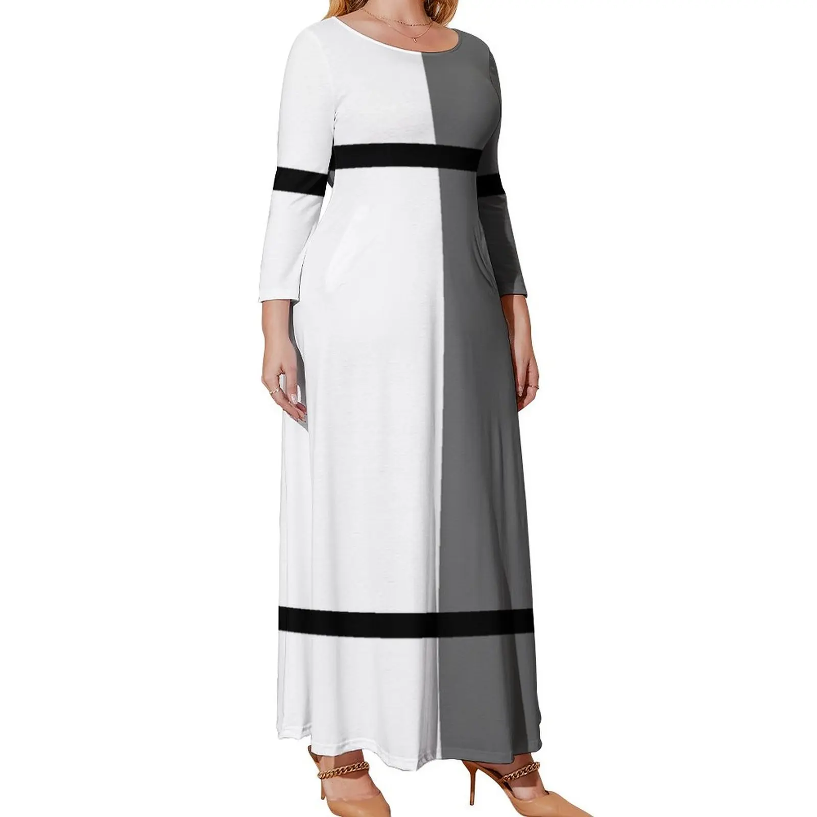 

Gray Black and White Minimalist Modern Stripes Vertical Solid Color Blocks Long Sleeved Dress Clothing clothes for woman