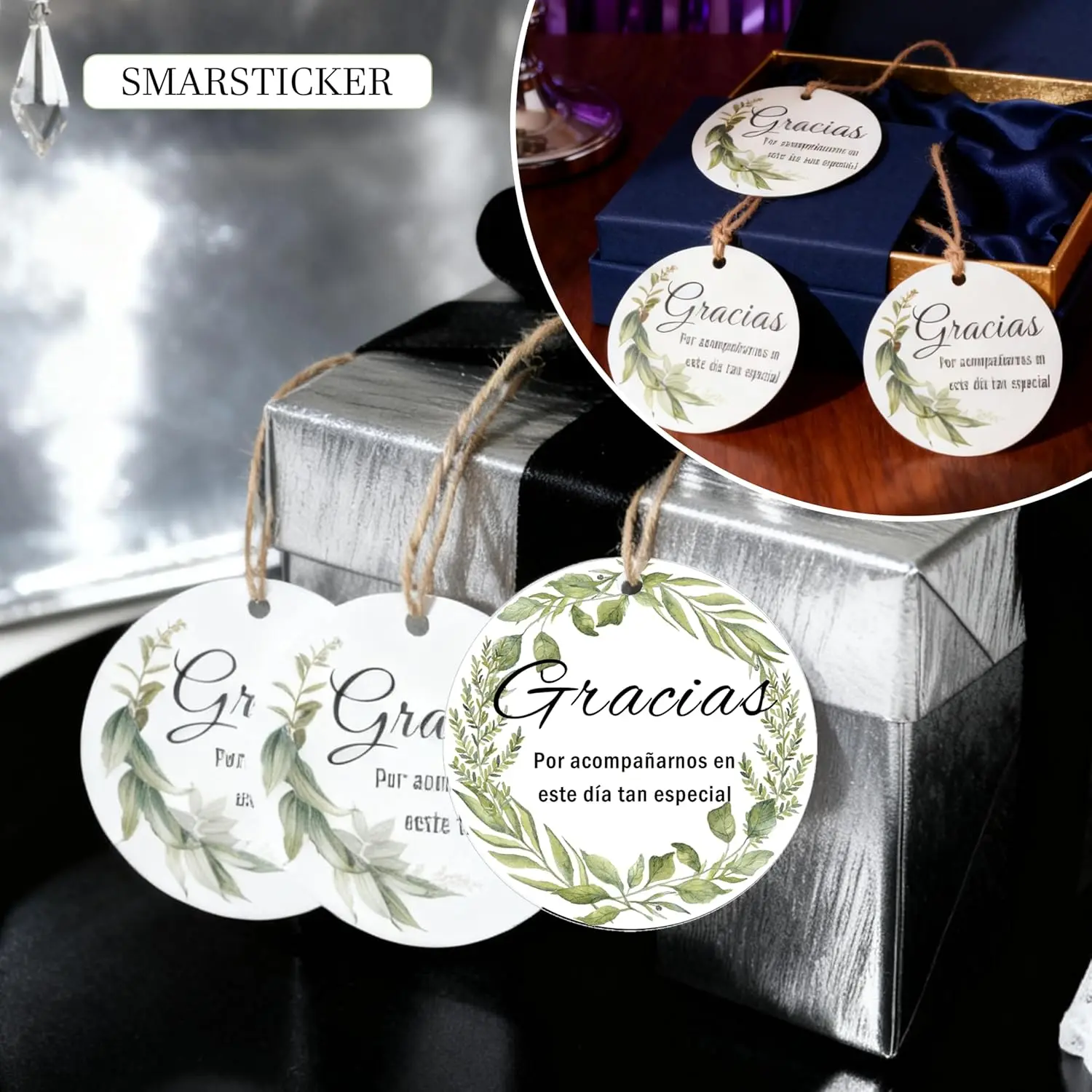 علامات شكر غراسياسيا الإسبانية مع أوتار معلقة 100 عبوة هدية لصالح الزفاف