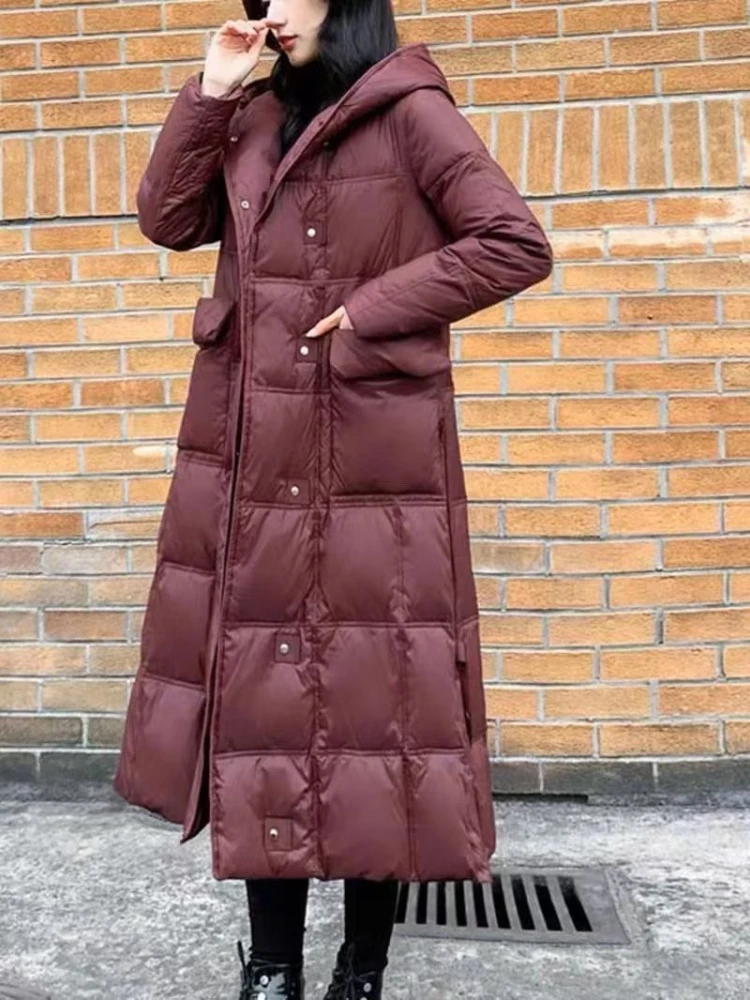 Female White Duck Down Hooded Jacket, Long Jacket, Casual Loose Outwear, Feather Snow Overcoat, New, Autumn, Winter