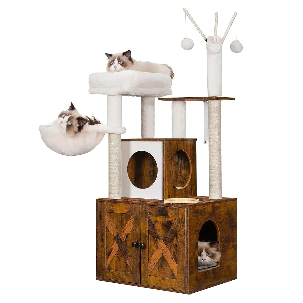 

Cat Tree, Wood Litter Box Enclosure With Food Station, All-In-One Indoor Cat Furniture With Large Platform And Condo, Modern