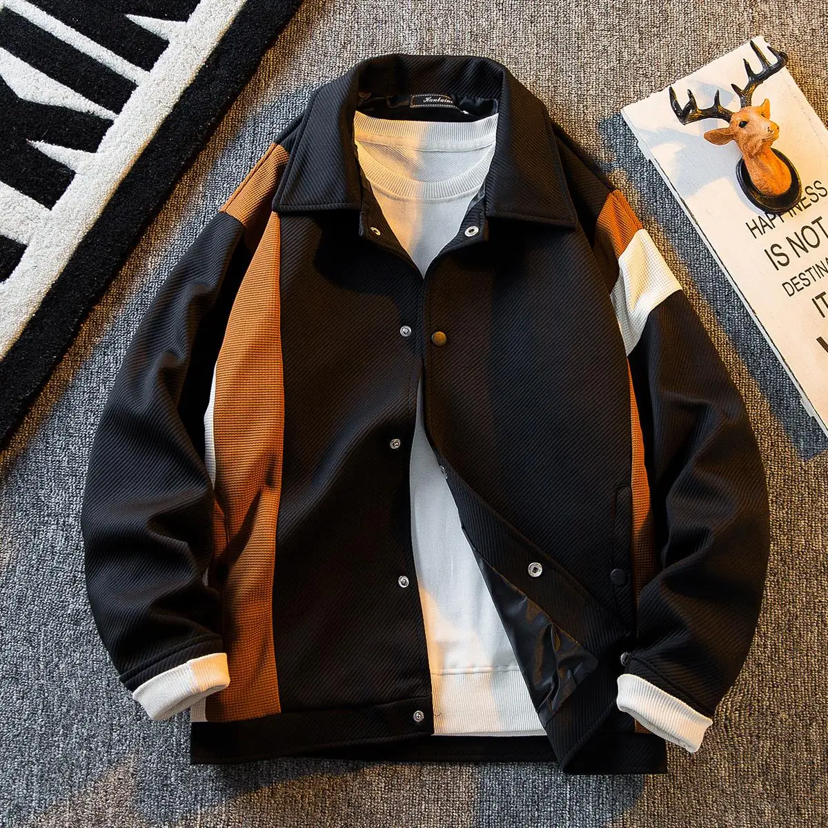 

American Retro Patchwork Casual Men's Jaet Spring Autumn Trendy Asymmetric High-End Feeling Coat Loose Fit Color Blo Yout...