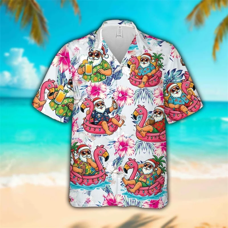 Men Short Sleeve Hawaiian Shirt Christmas Snowman Beach Palm Tree Ice Cream Print Summer Xmas Holiday Party Button Down Shirt