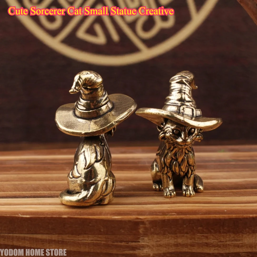 Cute Sorcerer Cat Small Statue Creative - Solid Brass Childish Animal Kitten Figurine Ornaments