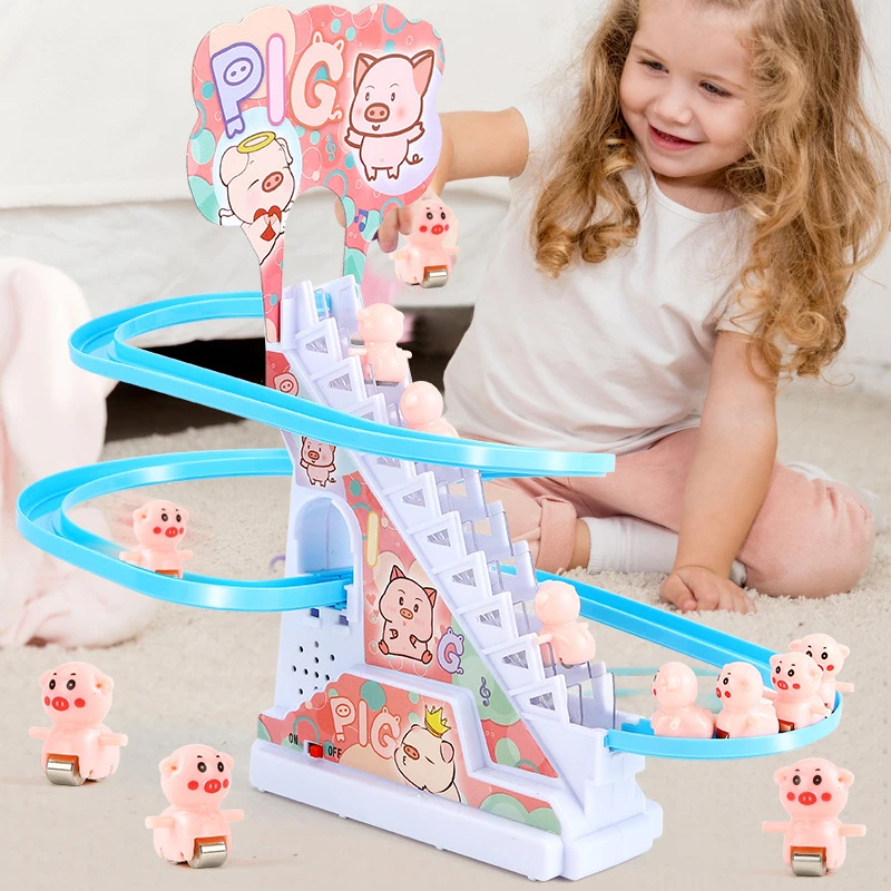 New DIY Rail Racing Track Electric Small Duck Climbing Stairs Toy Pig Action Figures Toys Music Roller Coaster Toy For Kids Gift