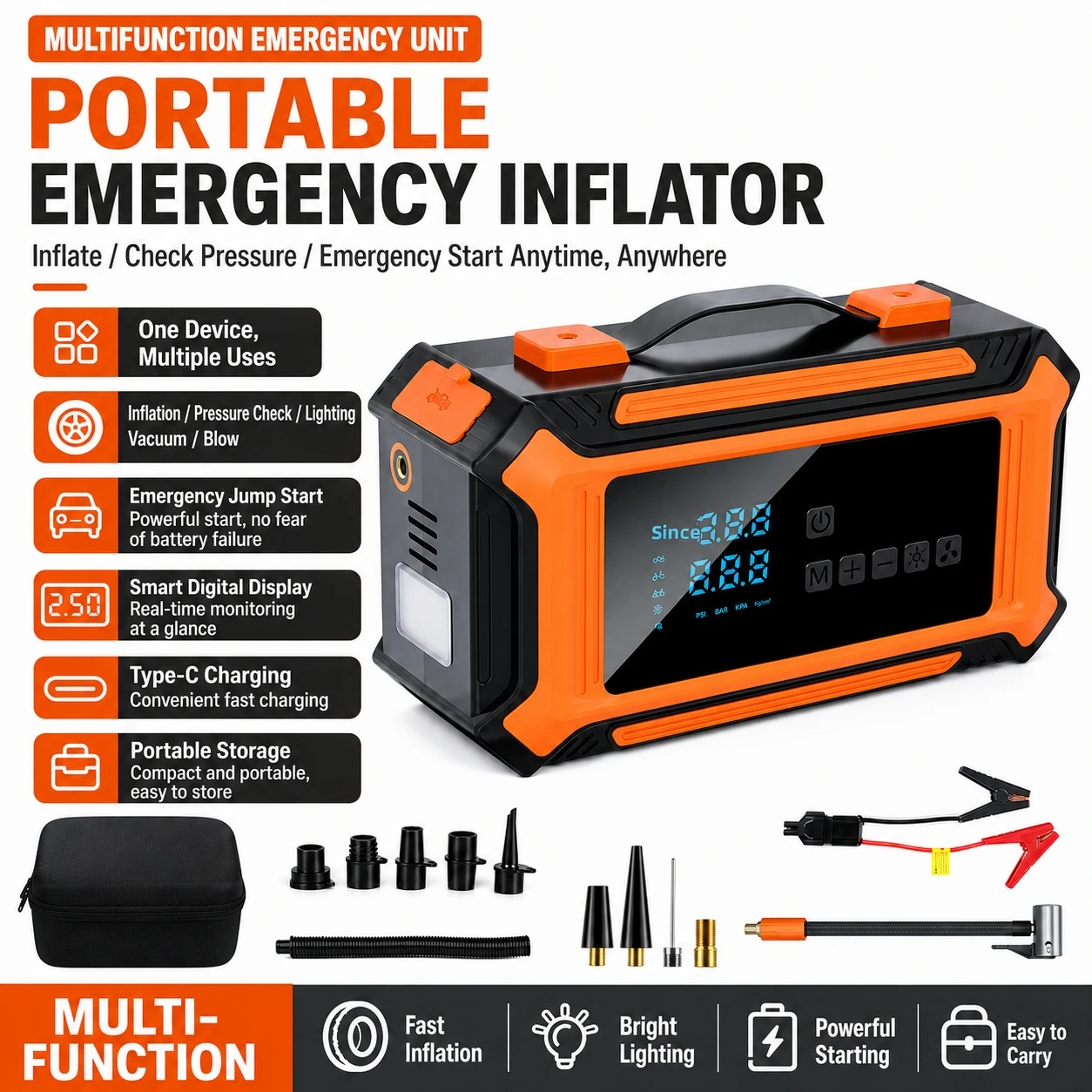 

12V Multifunctional Car Jump Starter, Portable Wireless Air Compressor Tire Inflator, Auto Emergency Power Bank