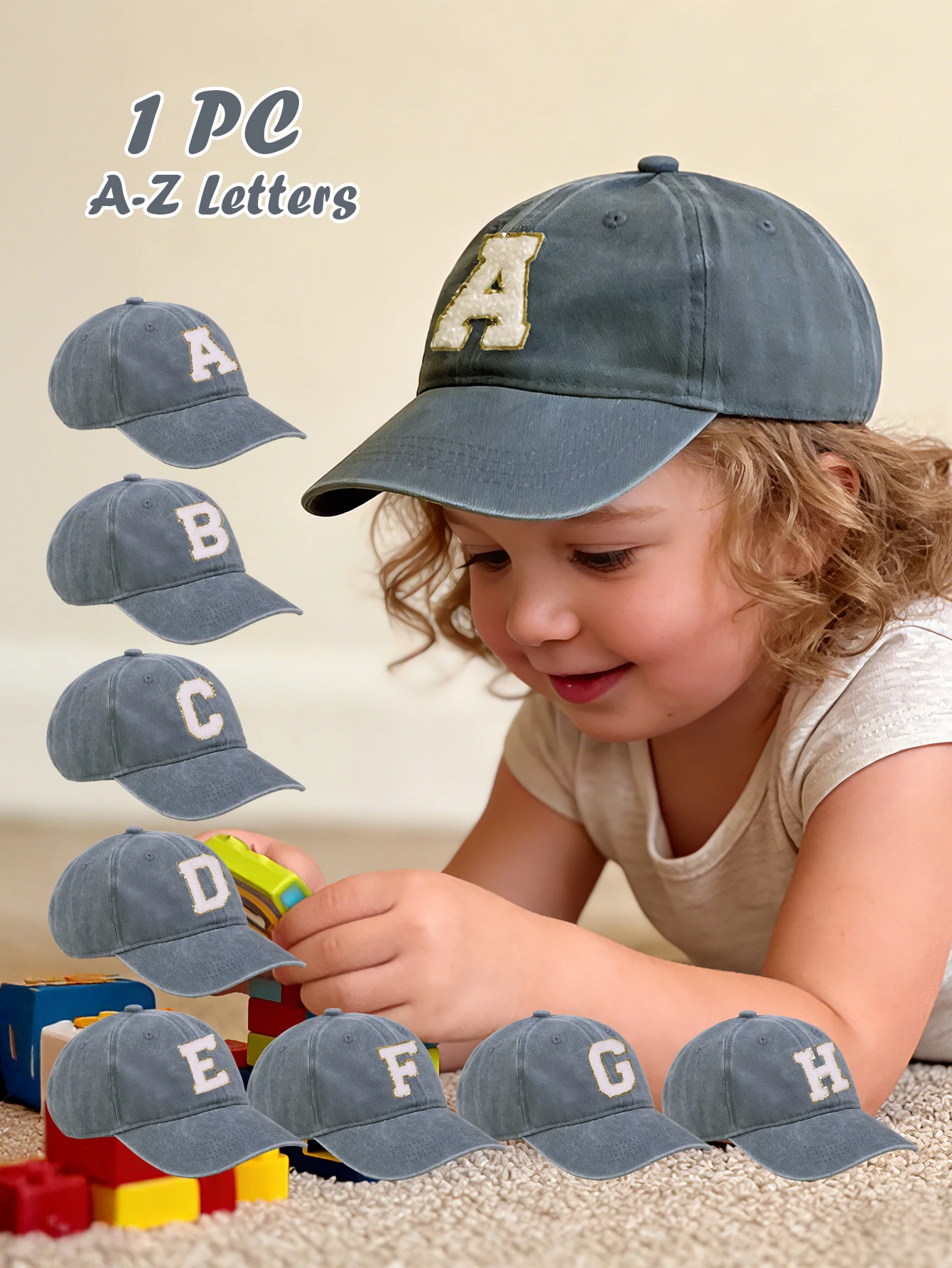 

1pc Kids grey Baseball Cap With 26 Letters, Washed Baseball Hat For Baby Boys And Girls, Suitable For Outdoor Activities And Dai