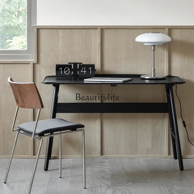 0 طاولة كتابة مكتب من الخشب الصلب للمنزل بسيطة وحديثة من خشب البلوط باللون الأسود على الطراز الإيطالي الشمالي #3