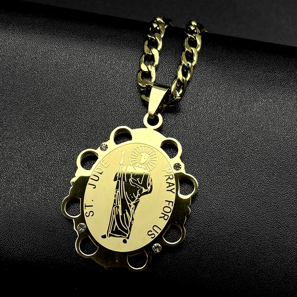 Catholic San Judas Tadeo Pendant Necklace Hollow Flower Rhinestones Stainless Steel Saint Jude Thaddeus Faith Chain Jewelry Gift