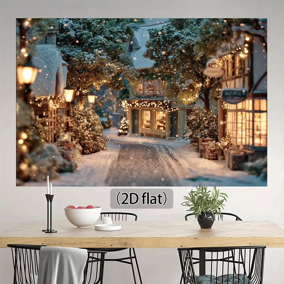 1pc Winter Village Tapestry with Snowy Trees, Quaint Shops & Cottage Houses - Self-Lit Twinkling Lights-Effect Snowfall, Indoor/